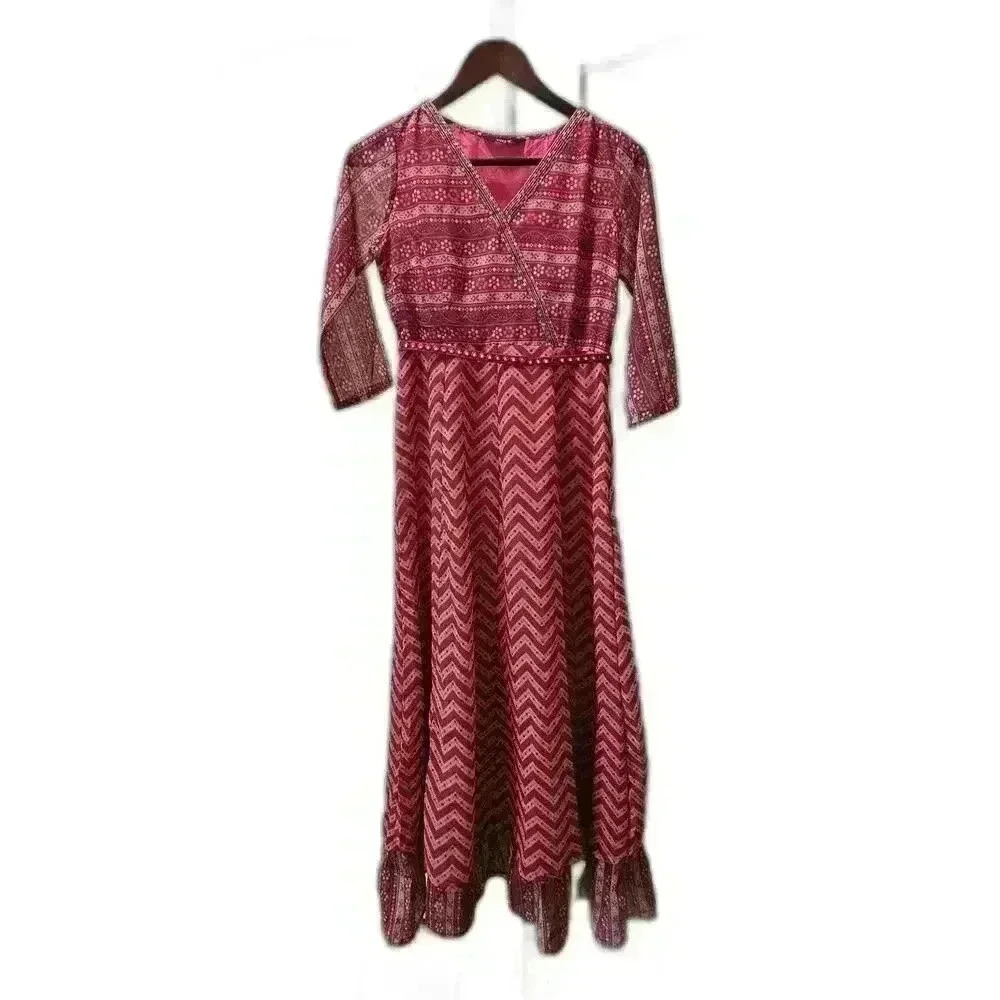 Indya Women's XS Ethnic Long Dress - Pink Patterned Maxi Dress